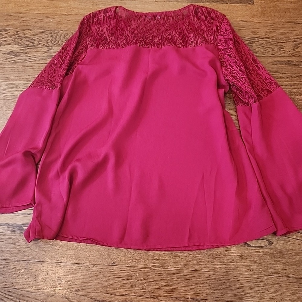 Roz & Ali Maroon Red Lace Women Top Size Large Bell Sleeve Fairy Whimsical Flowy - Picture 13 of 14